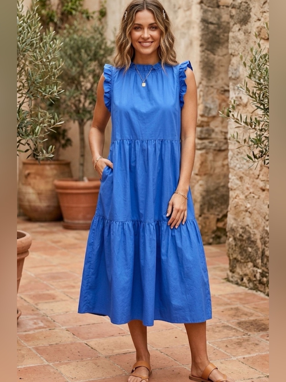 Ruffle Sleeve Tiered Midi Dress in Bright Blue